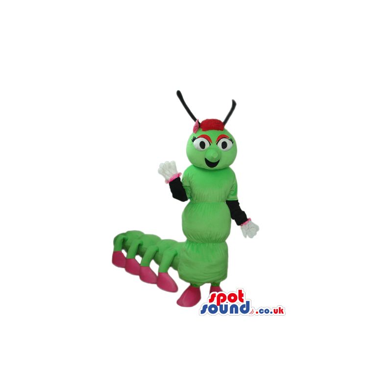 Green Caterpillar Or Centipede Plush Mascot With Ten Red Shoes