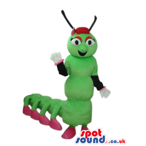 Green Caterpillar Or Centipede Plush Mascot With Ten Red Shoes