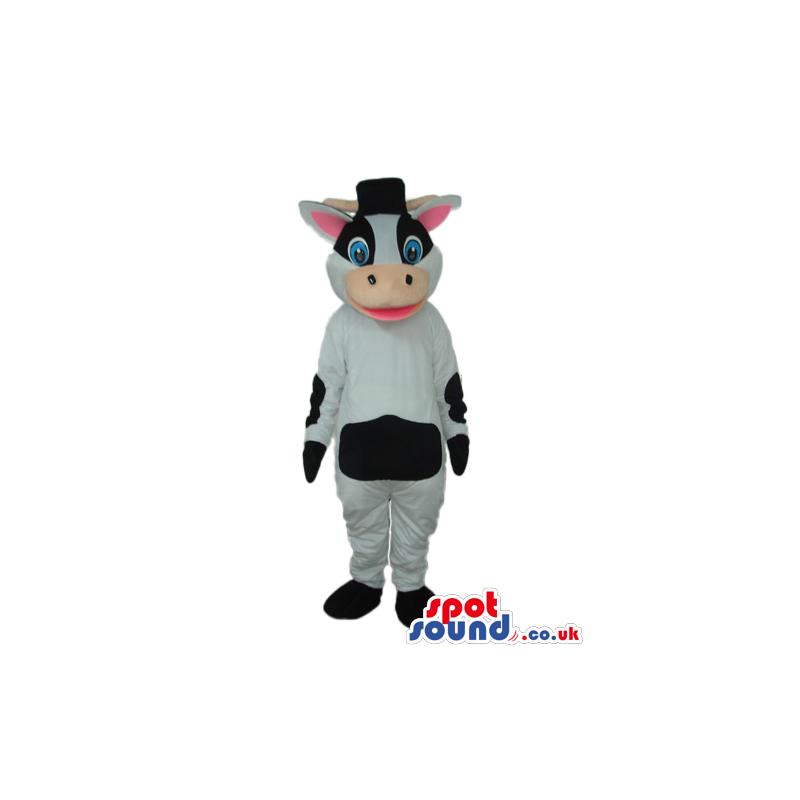 Cute Cow Plush Mascot With White Blue Eyes And Pink Ears -