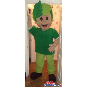 Dancing green colour funny boy mascot with a leave cap - Custom