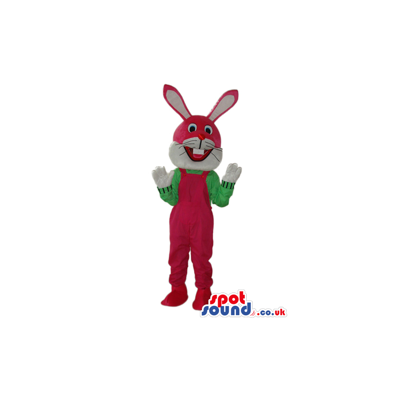 Red And White Rabbit Plush Mascot Wearing Red Overalls. -