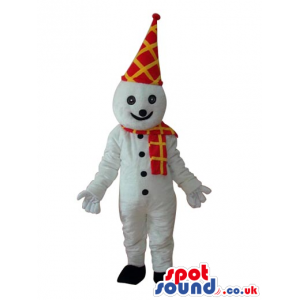 Snowman Mascot With A Long Red And Yellow Hat And Scarf -