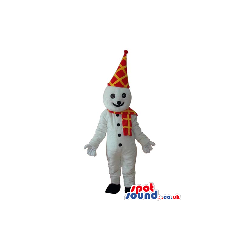 Snowman Mascot With A Long Red And Yellow Hat And Scarf -