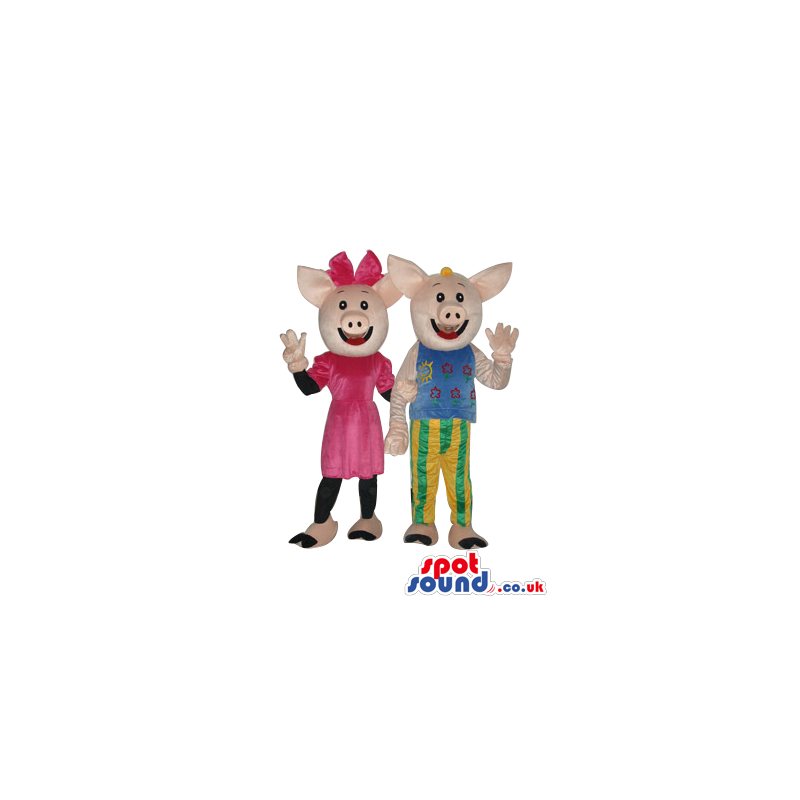 Pig Couple Mascots With Boy And Girl Flashy Garments - Custom