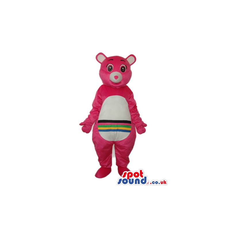 Pink Care Bear Cartoon Mascot With A Rainbow On Its Belly -