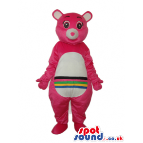Pink Care Bear Cartoon Mascot With A Rainbow On Its Belly -