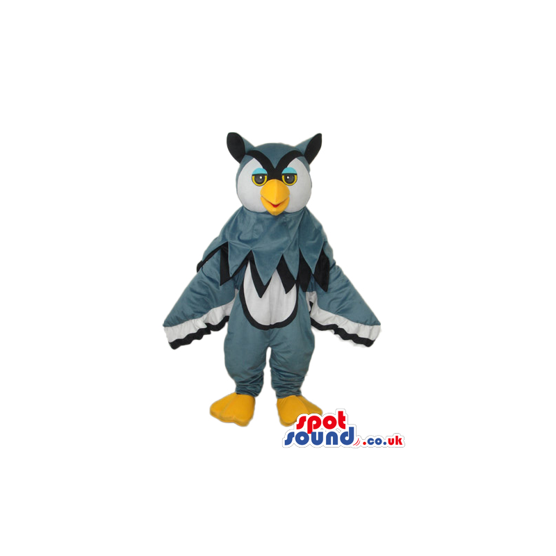 Grey, White And Black Owl Plush Mascot With Blue Eyelids -