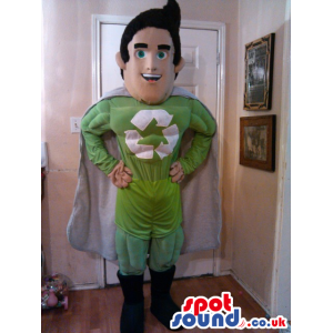Superhero Plush Mascot With A Recycle Logo And A Silver Cape -
