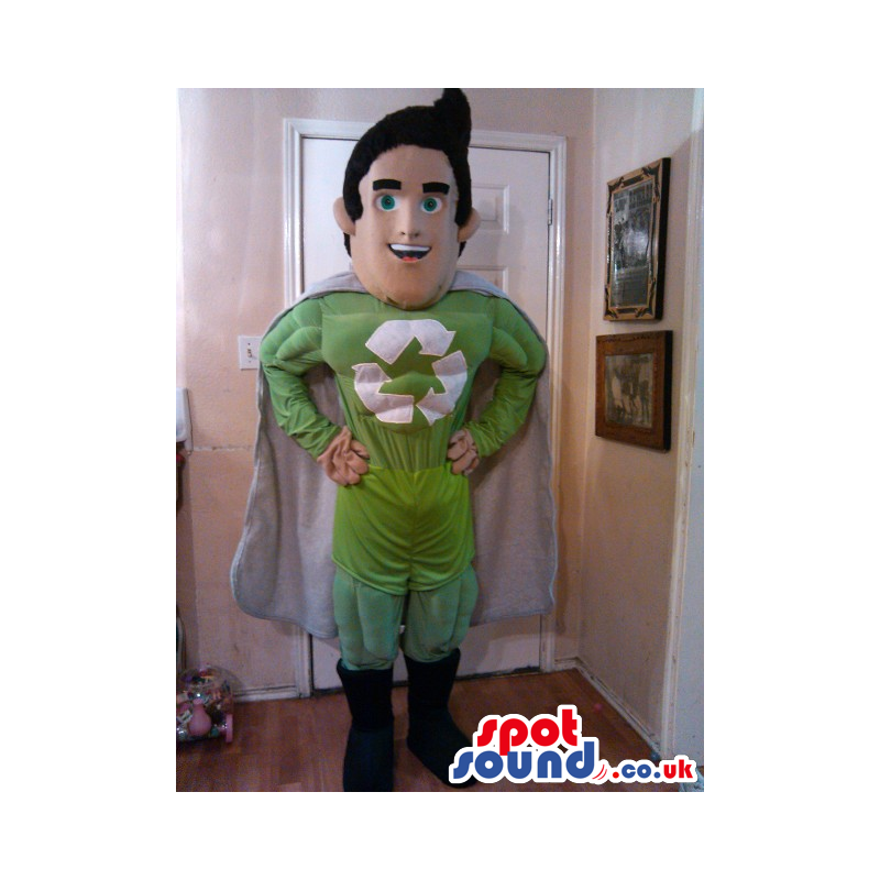 Superhero Plush Mascot With A Recycle Logo And A Silver Cape -