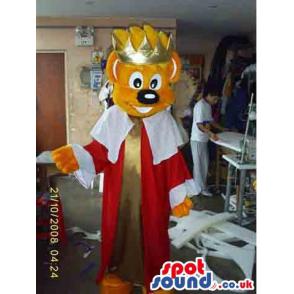 King teddy mascot with his red and white royal clothes - Custom