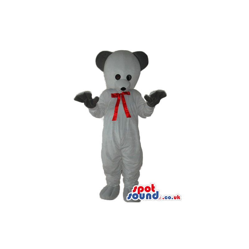 Cute White Teddy Bear Plush Mascot With Black Ears And Red