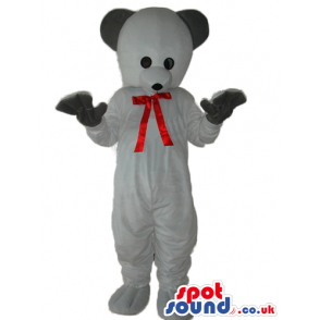 Cute White Teddy Bear Plush Mascot With Black Ears And Red