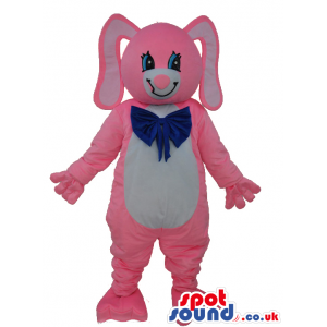 Cute Pink And White Rabbit Plush Mascot Wearing A Blue Ribbon.