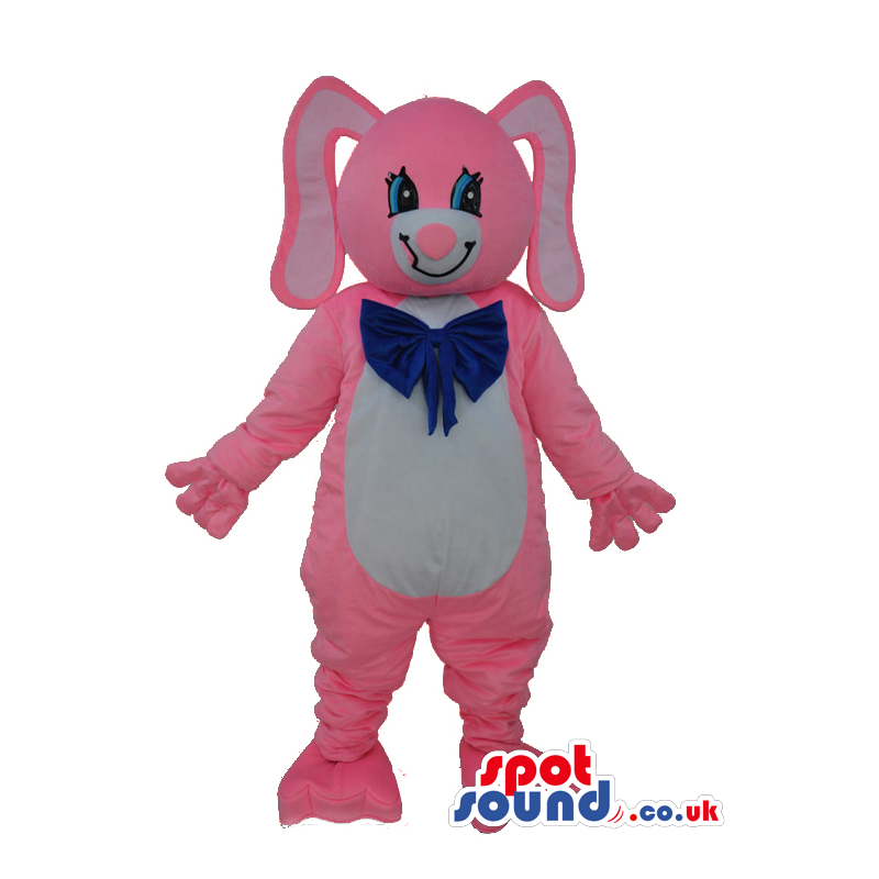 Cute Pink And White Rabbit Plush Mascot Wearing A Blue Ribbon.