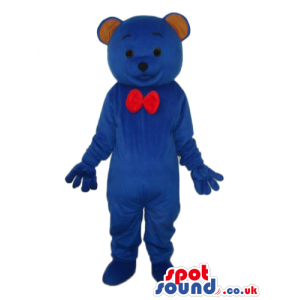 Cute Dark Blue Teddy Bear Plush Mascot Wearing A Red Bow Tie -