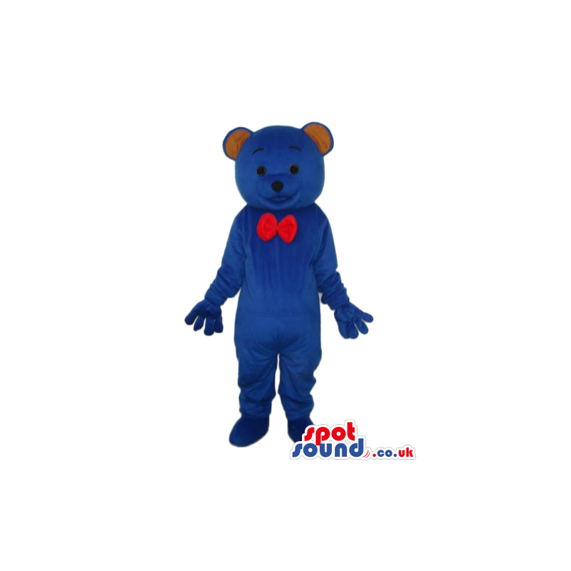 Cute Dark Blue Teddy Bear Plush Mascot Wearing A Red Bow Tie -