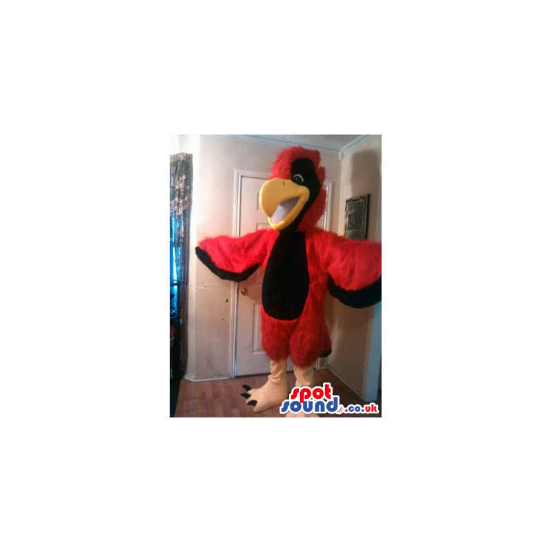 Red And Black Parrot Plush Mascot With An Open Yellow Beak -