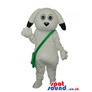 White Dog Plush Mascot With Black Ear Tips And A Green Bag -