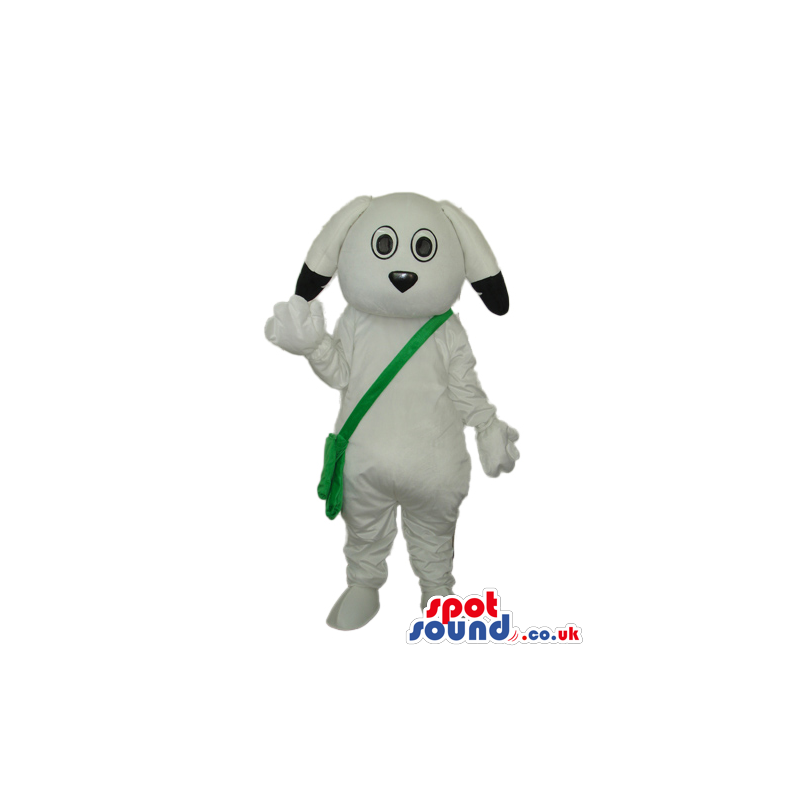 White Dog Plush Mascot With Black Ear Tips And A Green Bag -