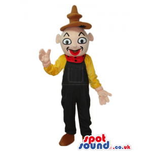 Oriental Boy Plush Mascot Wearing A Brown Hat And Overalls -