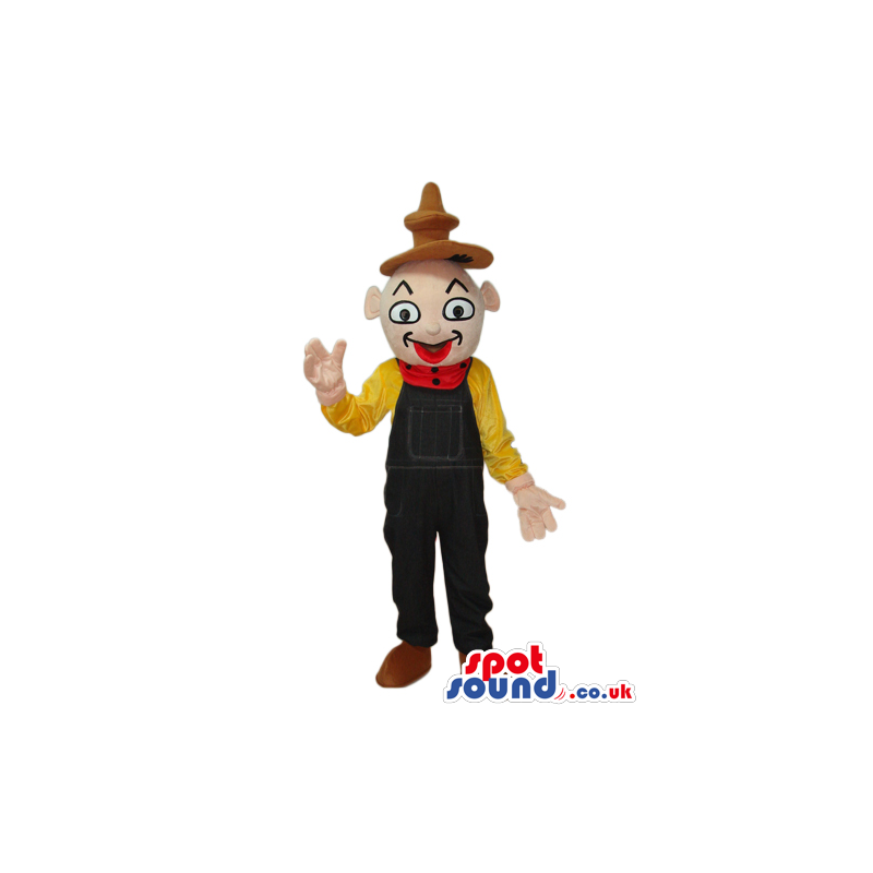 Oriental Boy Plush Mascot Wearing A Brown Hat And Overalls -