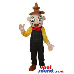 Oriental Boy Plush Mascot Wearing A Brown Hat And Overalls -