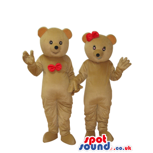 Boy And Girl Brown Teddy Bear Couple Mascots With Red Ribbons -