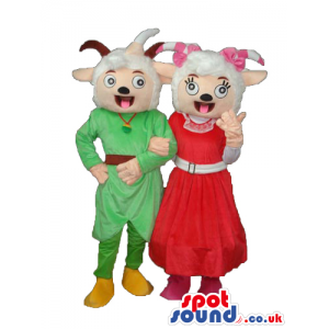 Boy And Girl White Goat Couple Mascots With Medieval Clothes -