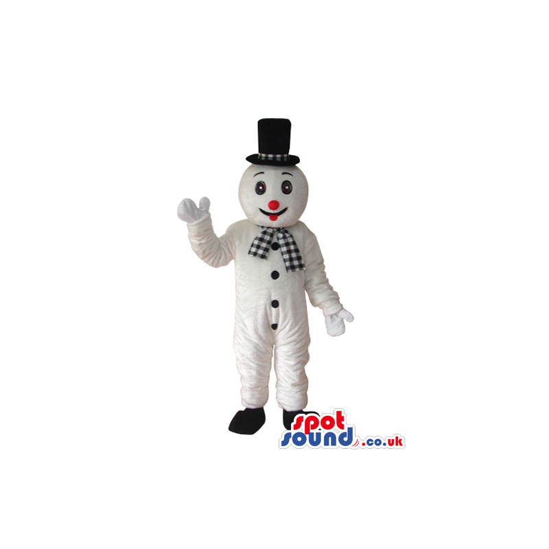 Snowman Plush Mascot Wearing A Top Hat And Checked Scarf -