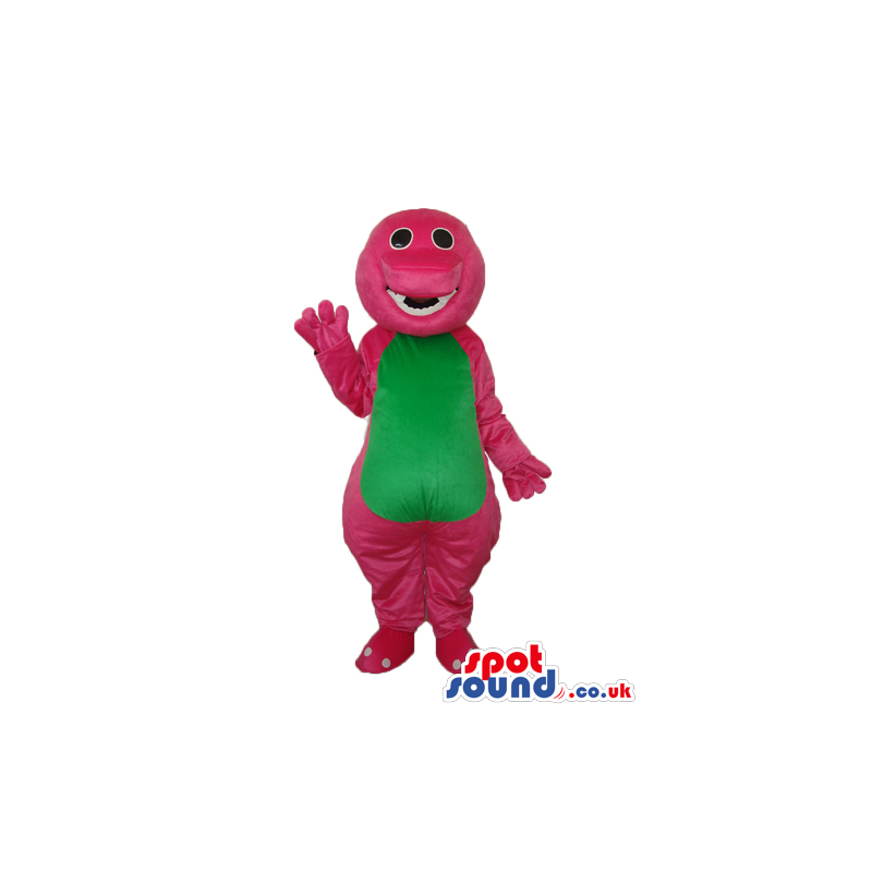 Pink Dinosaur Plush Mascot With A Green Belly And Missing Tooth