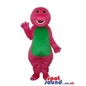 Pink Dinosaur Plush Mascot With A Green Belly And Missing Tooth