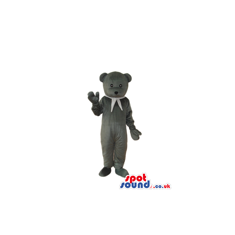 Grey Teddy Bear Plush Mascot Wearing A White Neck Scarf -