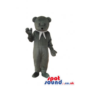 Grey Teddy Bear Plush Mascot Wearing A White Neck Scarf -