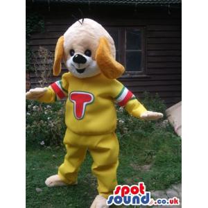 Snoopy dog mascot with yellow jumper looking surprised with his open mouth
