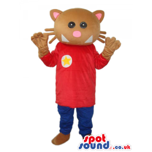 Fantasy Brown Cat Plush Mascot Wearing Red And Blue Clothes -