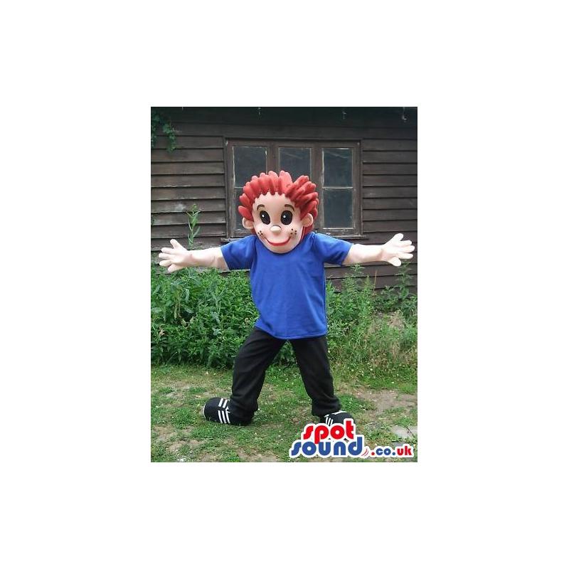 Boy mascot who is in blue shirt and black pant with black shoes