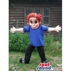 Boy mascot who is in blue shirt and black pant with black shoes