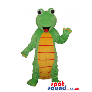 Cute Cartoon Green Alligator Plush Mascot With A Yellow Belly -