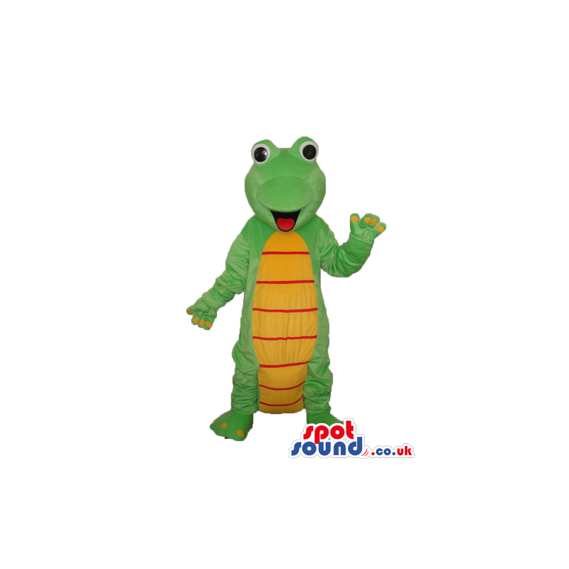 Cute Cartoon Green Alligator Plush Mascot With A Yellow Belly -