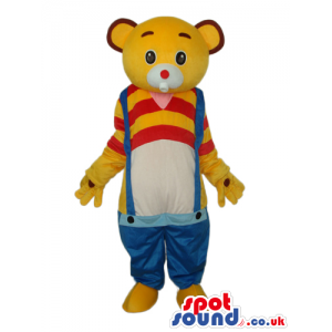 Yellow Bear Plush Mascot Wearing Low Rise Overalls - Custom