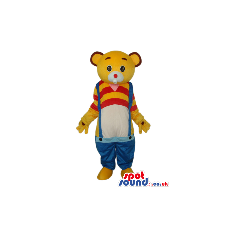 Yellow Bear Plush Mascot Wearing Low Rise Overalls - Custom