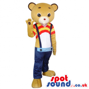 Yellow Bear Plush Mascot Wearing Low Rise Overalls - Custom