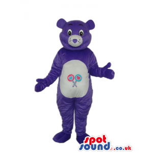 Purple Care Bear Cartoon Mascot With Lollypops On Its Belly -