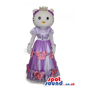 Kitty Cat Cartoon Mascot With A Long Purple Dress And Crown -