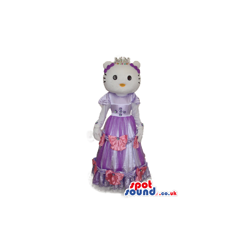 Kitty Cat Cartoon Mascot With A Long Purple Dress And Crown -