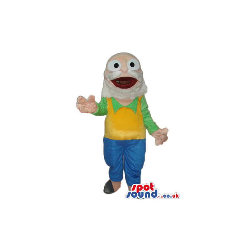 Old Man Mascot With Beard Wearing Yellow And Green Clothes -