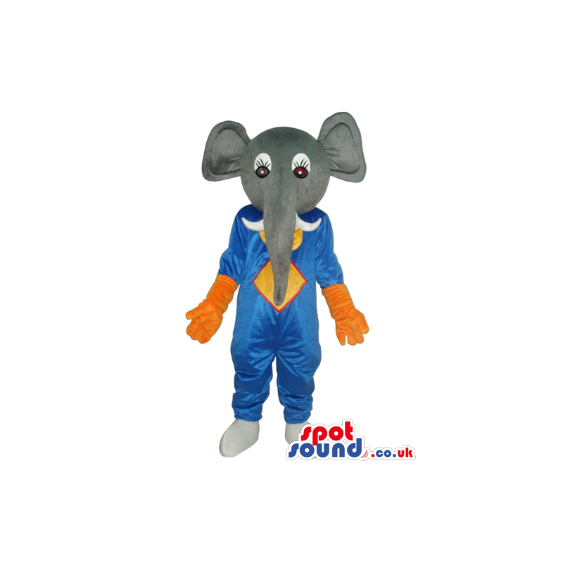 Grey Elephant Plush Mascot Wearing Blue And Orange Clothes -