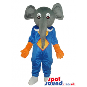 Grey Elephant Plush Mascot Wearing Blue And Orange Clothes -