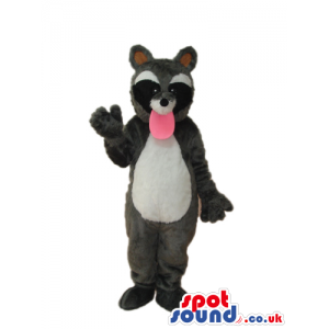 Grey And Black Raccoon Mascot With A Long Pink Tongue - Custom