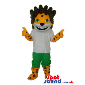 Tiger Animal Plush Mascot With A On Its Head Wearing Clothes -
